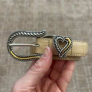 Brighton Ivory Cream Leather Belt Mixed Metal Silver Gold Heart Charm M/L 32